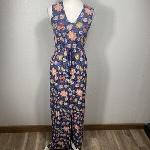Whimsical Lucky Brand Maxi Dress Blue Festival Boho Floral Slit Front XS